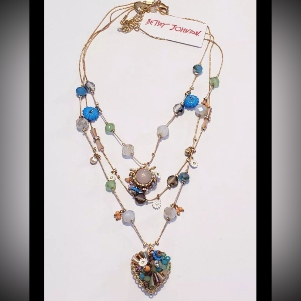 BETSEY JOHNSON Three-Tier Illusion Crystals & Stones Accented Necklace NEW NWT